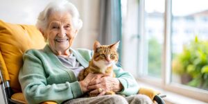 Resident arranging family photos, a quilt, and a lamp in a tidy assisted living apartment.