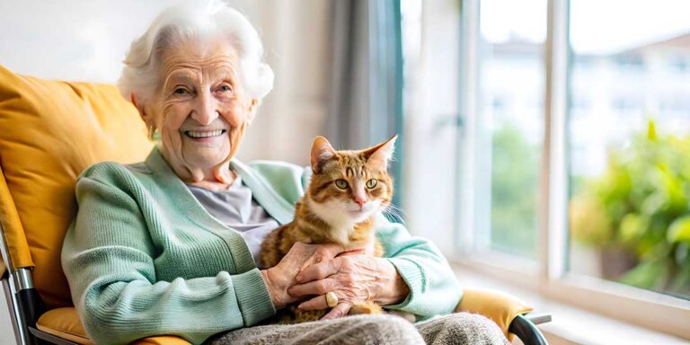 Resident arranging family photos, a quilt, and a lamp in a tidy assisted living apartment.